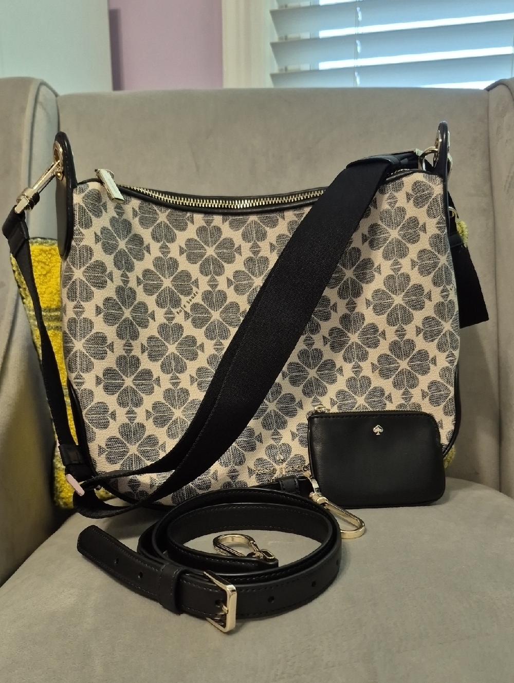KATE SPADE Signature Black & Cream Flower Print Crossbody with Change Purse